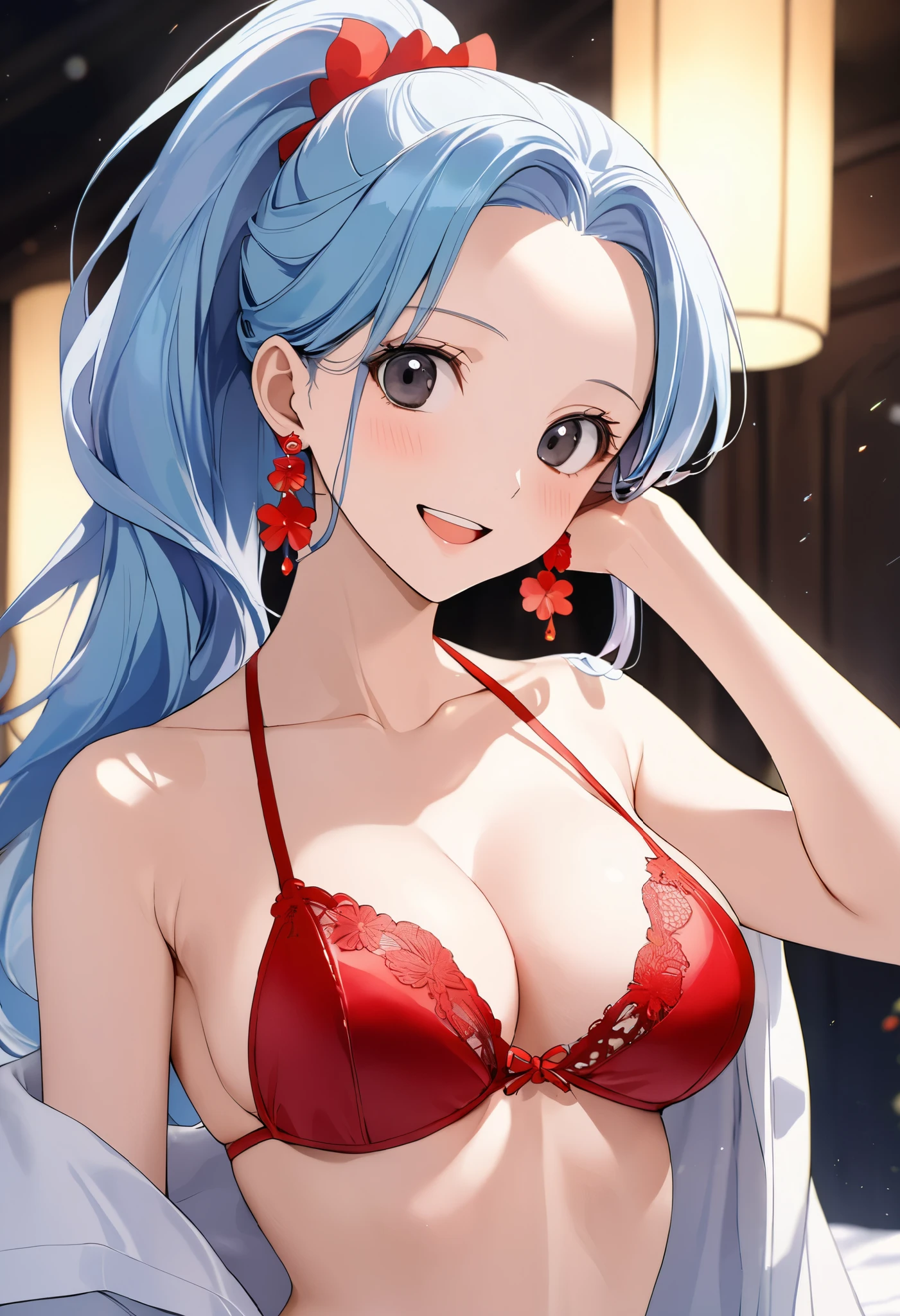 16k,masterpiece,animated painting, ultra detailed background, delicate pattern, intricate detail,highly detailed, fine details,best quality,beautiful lighting, absurdres,(Nefeltari Vivi:1.3),(onepiece:1.5),1990s \(style\),25 years old,adult beautiful lady,(E-cup beautiful breasts),clevage, (tall:1.2),height: 175cm,Fashion model body type、1girl, long hair,(forehead:1.2), blue hair,parted bang,slicked back hair,big eyes,black eyes,long eyeblushes,solo,big laugh,blush,shiy, earrings,(red lace bikini underware:1.3), ponytail, hair ornament,Close up on upper body,Cinematic lighting,Superfine,in the room,night,winter,(sexy),extreme closeup