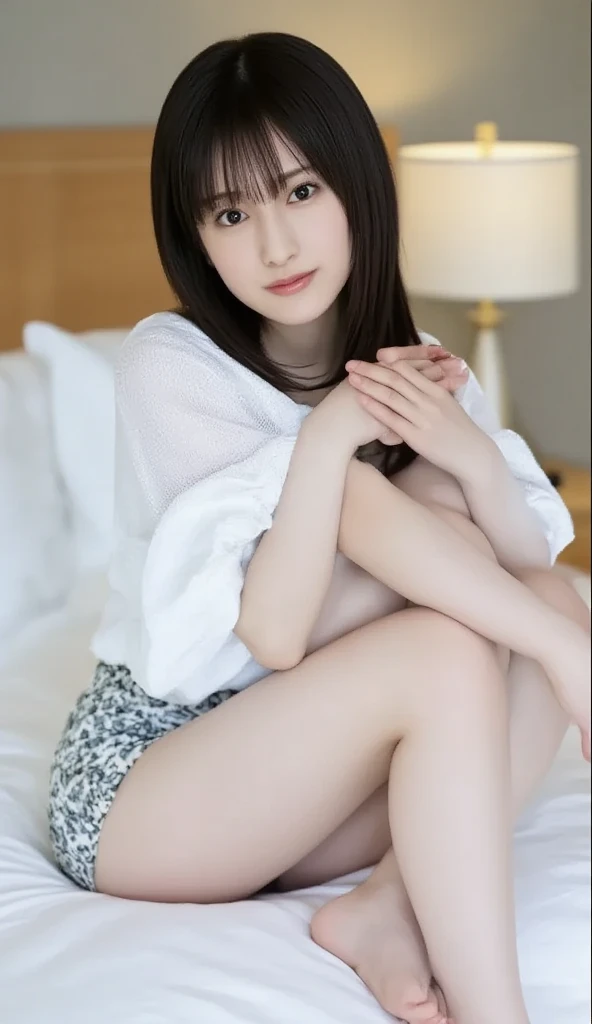  FRONT FULL BODY SHOT 、Please wear off-the-shoulder mini one-piece pajamas,   bend your knees,  feet , feetを組んだポーズをとる,  and sit down staring at me,  Slender Naked Legs  、smile、  has a monotone background  

 