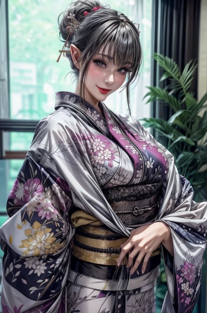 1 girl, stand, glasses, big breasts, unbuttoned dark yukata, loose hair, smiling at you, opening the door for you, blush, night light, detailed anime face, beautiful eyes, detailed hand, long eyelashes, detailed lips, detailed skin, intricate details, elegant, beautiful lighting, warm colors, cinematic, soft focus, photorealistic, masterpiece, 8k, ultra-detailed, (best quality, 4k, 8k, highres, masterpiece:1.2), ultra-detailed, (realistic, photorealistic, photo-realistic:1.37)