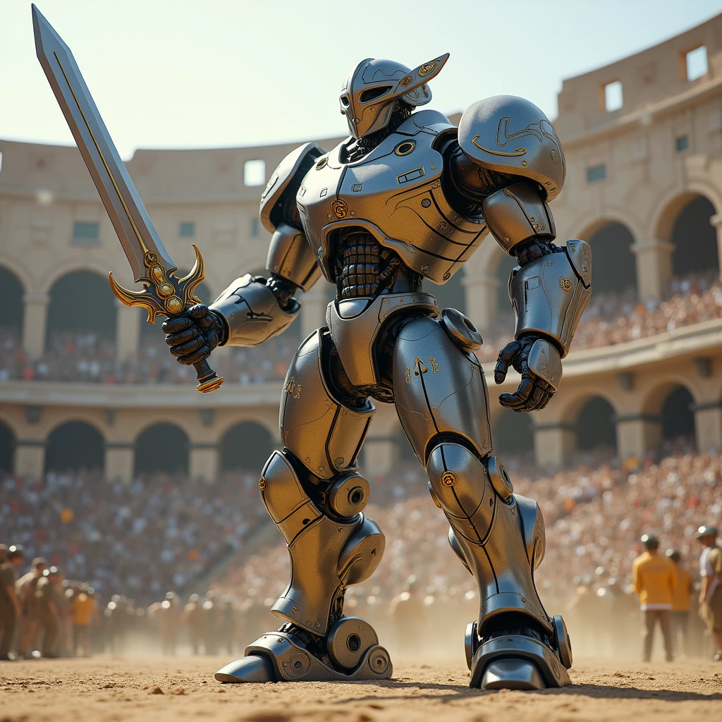 Robot Gladiator,sword,armor,robot face,full armor,colosseum