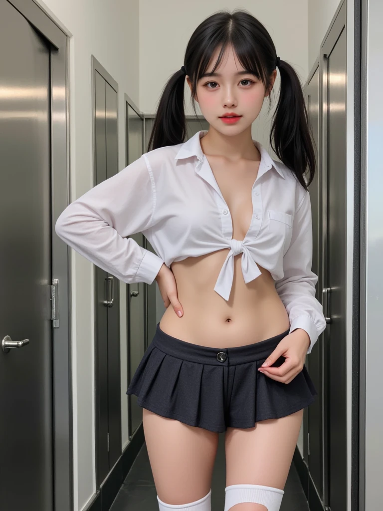 Gray eyes、Korean School Uniform、Summer School Uniform Shirts、bow ribbon、skirt by the、light brown hair、School Toilet、School washroom、speculum、Chest thrusting pose、Pose to show off your breasts、8K raw photos、hight resolution、16-year-old cool Korean、big round chest、beautiful eyes finely detailed、long eyeslashes、Beautiful double eyelids、eyeshadows、eye line、Slender eyes、elongated eye shape、Sanpaku eyes、evil smile、Evil look、beautiful and very thin legs、beautiful and very thin thighs,、Random Medium Hair、Tie your hair behind your head、耳环、a necklace、,half-squat、Toilet room、Hand holding the head、hairarmpits、(((no panty)))、(((The pubic area is clearly visible)))、(((There are hairs in the armpits)))、(((nipples are clearly visible)))