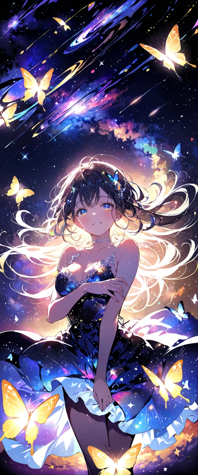 1girl, masterpiece, extremly detailed, ((Cinematic lighting)), (glowing), ((dramatic lighting)), ((beautiful detailed glow)), intricate detail, lens flare, finely detailed beautiful face, multicolored hair, gradient hair, black hair, white hair, medium hair, floating hair, upper body, dutch angle, universe, space, sunshine, lens flare, galaxy, nebula, closed eyes, black top, white frill, colorful background, wode shot, upper body, large breasts, cleavage