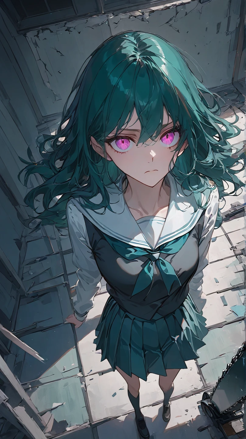 a woman with long wavy dark teal green hair, center parted bangs, pink eyes, white sailor uniform, chain and gear at the background, ouside ruined building, (((alone))), worried smile,  look from above