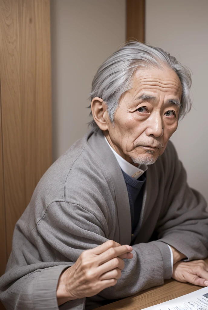 elderly male，White hair，Strong build，（Spread your legs），（No clothes on），genitalia erection，In old Japanese houses，On tatami，The samurai suit was thrown aside，Wear a white foot bag