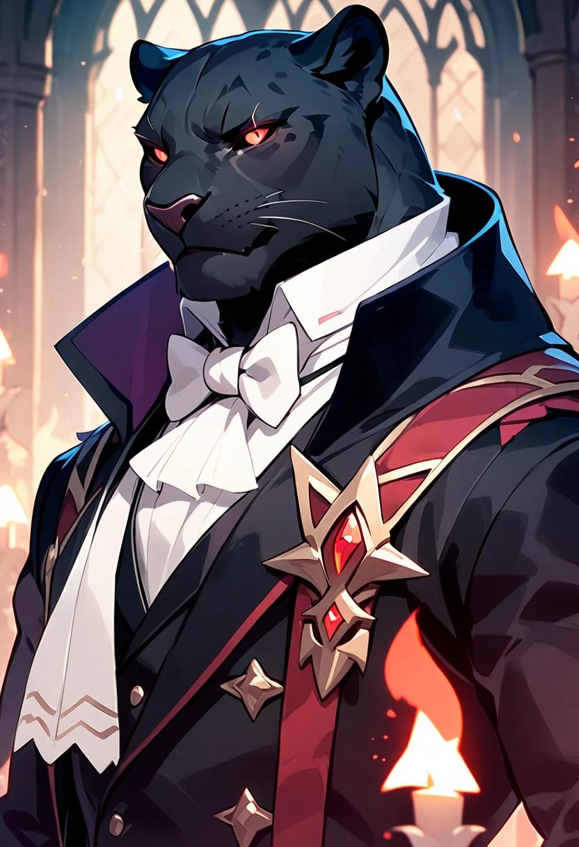 handsome anthropomorphic black panther with red glowing eyes wearing a black suit with a bowtie, elegant, medieval fantasy vibes, light novel art, black pelt, detailed furry art, cool, sexy, masculine, black colored butler suit, evil smirk, arrogant, evil, demonic servant, superiority complex, evil smile, half-lidded gaze, lean and toned, portrait, sexy masculinity, young male panther. villain, detailed anime style, detailed red glowing devil eyes, confident pose, cocky, looking down on others expression, smirking 