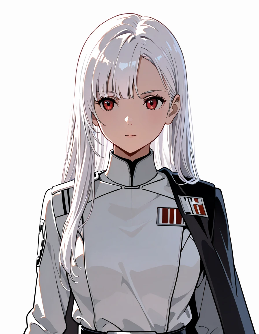 masterpiece,{{1girl}},white hair,red eyes,long hair,straight hair,Star Wars Galactic Empire White Military uniform,standing,form,{{simple background}},{{white background}},standing pose,facing front,anime,upper body,face forcus,shoulder cloak,from lighting,ambient light