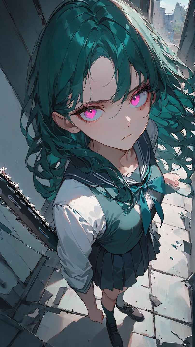 a woman with long wavy dark teal green hair, pink eyes, braided, school uniform, chainsaw at the background, run away, ruin boarded classroom, look up behind, (((alone))), looked from behind above, 