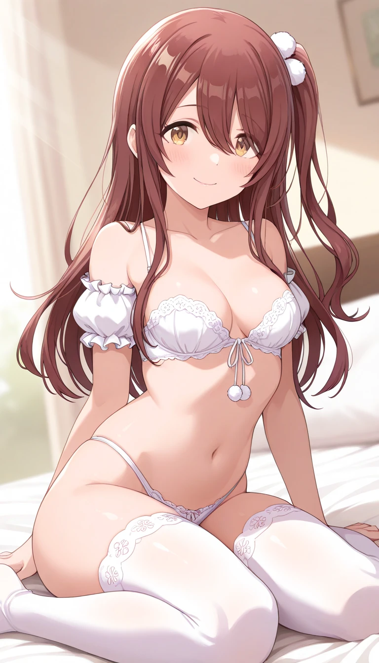1 beautiful girl in lingerie posing in a room with a window, anime girl, 1girl, single, solo, beautiful anime girl, inside the house, dark brown hair, pink bangs, long hair, wavy hair, shiny hair, hair ornament, star hair ornament, aqua eyes, glossy lips, embarrassed, blush, nervous, bright pupils, big round breasts, thin waist, defined body, perfect body, beautiful thighs, thin legs, white floral pattern bra and panties, (grabbing her own small breast), high detail, anime, dithering, image fill, perspective, Wide-Angle, f/1.8, 85mm, Nikon, 8k, super detail, UHD, retina, masterpiece, accurate, anatomically correct, super detail, highres, best quality, perfect pixel, depth of field, beautiful artstyle, detailed face, anime CG style, (good lighting)