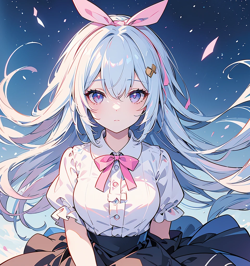 (  Details beautiful eyes and   Details face, masterpiece side light, masterpiece,  top quality ,   Details,  high res illustration), ( 1 girl,  beautiful girls,  Shiny Skin ), ( sky blue hair ,  pink eyes,  skirt , ribbon, Button-down shirt)(kneel)