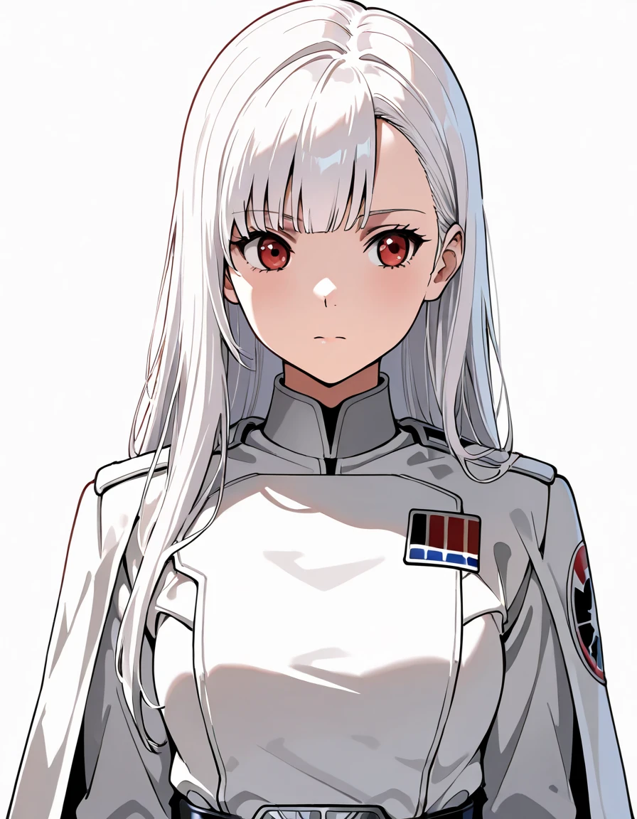 masterpiece,{{1girl}},white hair,red eyes,long hair,straight hair,Star Wars Galactic Empire White Military uniform,standing,{{simple background}},{{white background}},standing pose,facing front,anime,upper body,face forcus,shoulder cloak,