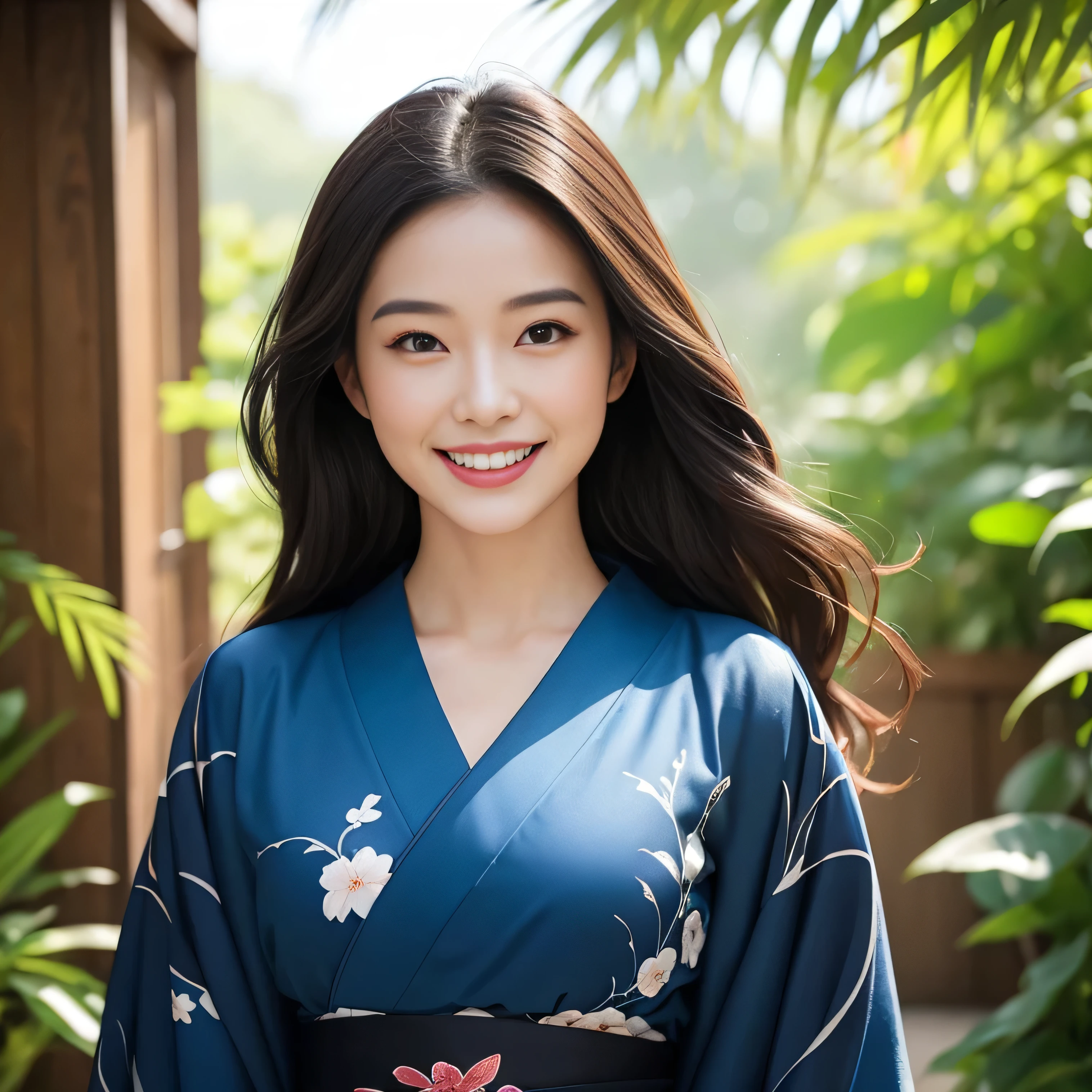 Surrealism, High detail, Cinema Lighting, Ray Tracing, viewing angle, Eye-level shot, Hyper HD, masterpiece, Textured skin, 4K, Highest quality, Beautiful woman in kimono, Background of the Danjiri Festival in Kishiwada, Osaka Prefecture, Japan、A glamorous atmosphere、light smile