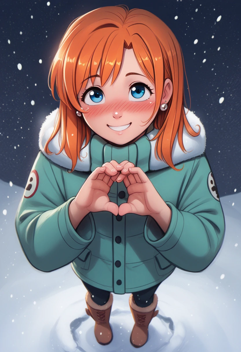 kousaka honoka , blue eyes, orange hair,earrings, (blushing:1.2), simple background,winter,cupping hands, waiting for facial cum, standing, smile, from about, snowing,snow on hand, night,score_9, score_8_up, score_7_up, score_6_up, looking up,boots,p4l0m4, webcomic,hentai