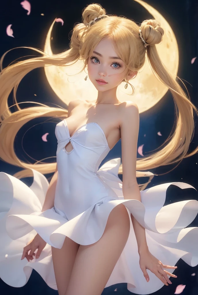 
In the image, a young woman with blonde hair and two hair accessories resembling moons is depicted. She has large blue eyes and is wearing a white dress that appears to be flowing or translucent in parts. The dress has a sweetheart neckline and her arms are gracefully outstretched, as if she's dancing or posing elegantly. Her expression is serene and content. behind her, there's a full moon casting a soft glow on the scene, with some stray petals floating in the air, suggesting a romantic or magical atmosphere.


,  high resolution,  Meisterwerk ,  best quality,  Tricky details ,  ,  sharp focus,  detailed leather, texture de piel realista, texture,  detailed eyes , professional, 4k,  charming smile , taken with Canon, 85mm, Shallow depth of field,  Kodak vision color ,  perfectly proportioned body ,  extremely detailed, Photo_\(ultra\), photorealistic , Realistic,  Postprocessing , maximum details, roughness, real life, ultrarealistic,  photorealism , Photografía, 8k UHD, Photografía