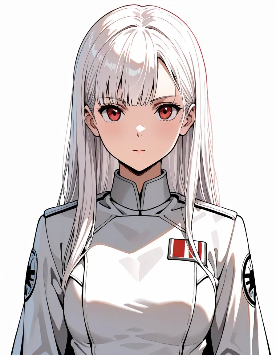 masterpiece,{{1girl}},white hair,red eyes,long hair,straight hair,Star Wars Galactic Empire White Military uniform,standing,{{white background}},standing pose,facing front,anime,upper body,face forcus,shoulder cloak,