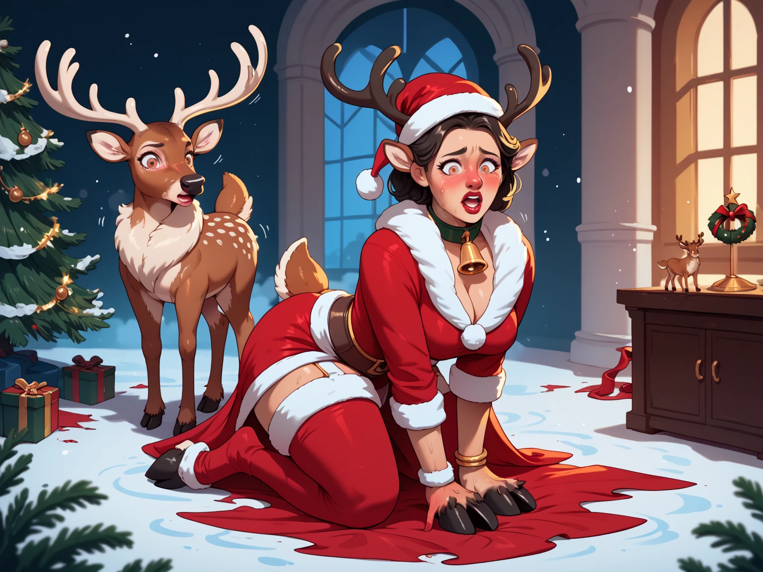 Angry Santa hits a naked girl on the butt