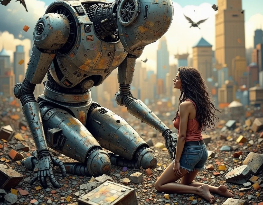 (masterpiece,top quality :1.2),(Paintings painted in faded colors),(((broken))) gladiator of the robot after the battle,(the robot lost lot of parts),(((short-circuit sparks))),the robot is kneel down in front of one human woman, (she is wearing shabby clothes and barefoot,she crying and look down),focus on the her sad expression,dusted huge weapons, ash covered cold metal texture,broken building and flying debris,Background Blur,Cinematic Light Effects, 