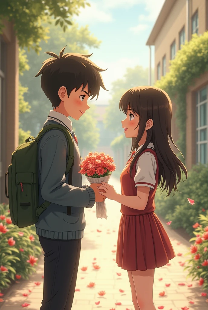 age boy with black hair happy expression with flowers in his hand in front of a teengirl with short black hair with a sad expression and in the background they in a park