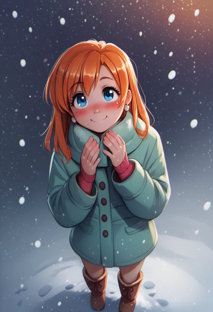 kousaka honoka , blue eyes, orange hair,earrings, (blushing:1.2), simple background,winter,standing, smile, snowing,snow on hand, night,score_9, score_8_up, score_7_up, score_6_up, looking up,boots,p4l0m4, webcomic,hentai