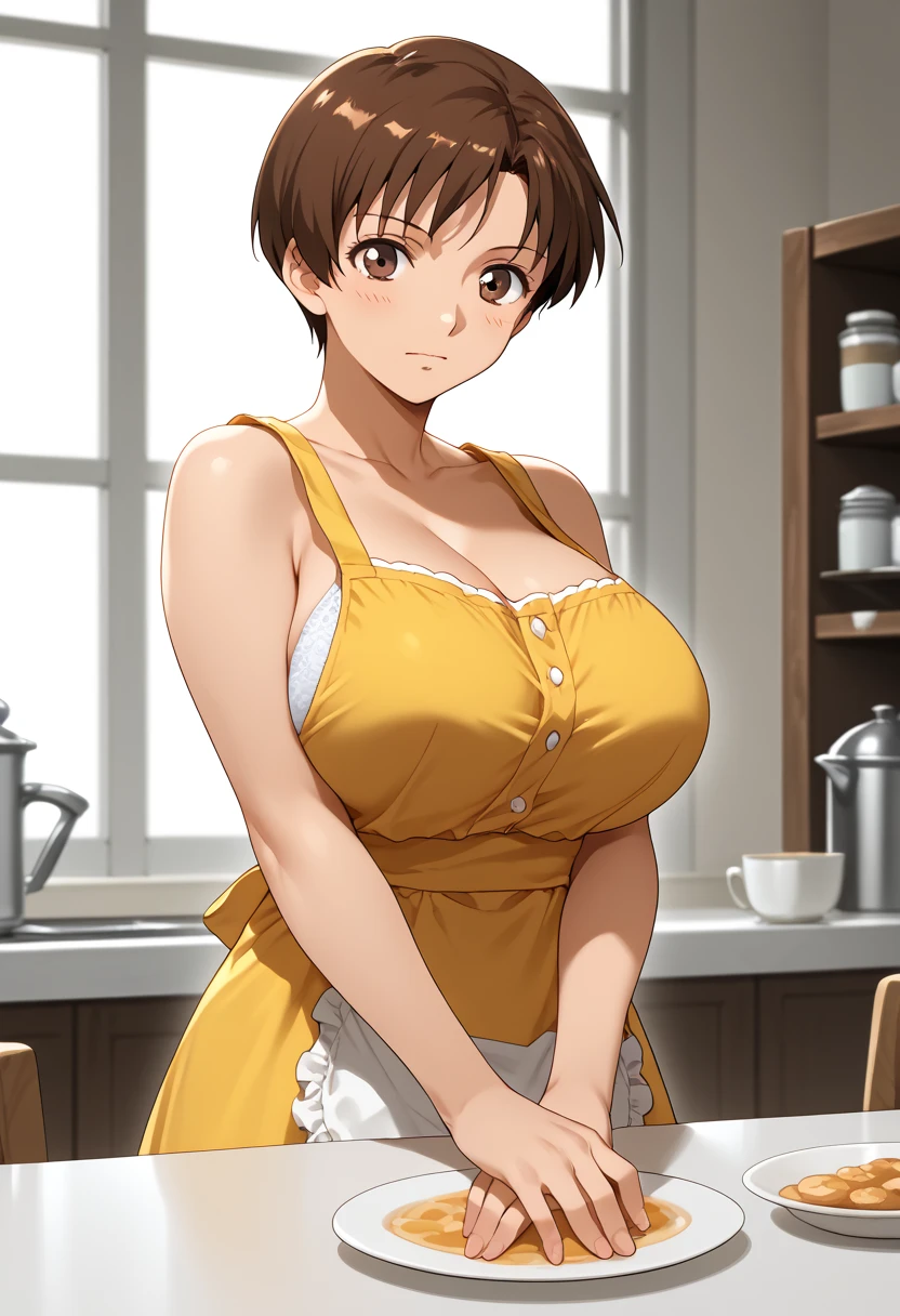 etsukoto, huge breasts,short hair,brown hair,brown eyes,
yellow dress, sleeveless dress, apron, white socks, mary janes　 huge breasts　stripgame
mahjong　Mahjong tournament　Mahjong table　Spectacle　Middle-aged man　White Bra　ひやかし　Men flock