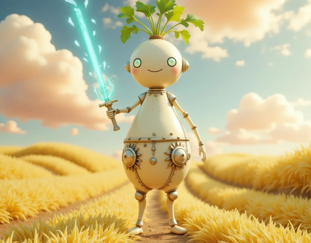 Daikon robot harvesting rice.

Dynamic mid-shot looking slightly upwards, focusing on the robot wielding a glowing blade. The golden rice fields curve around the robot.

The robot is smooth, almost cartoonish, with large, intricately designed gears at its joints. Its metal plating is shiny and polished, almost porcelain-like. The sword emits a brilliant, almost ethereal blue light, from which aura or energy trails flow. The basket on his back contains harvested rice.
The rice fields are golden, each strand of rice shining in perfect form. Each grain can be seen shining golden. Fantastic clouds with gradations of orange, gold and pink swirl in the sky. They have a slight, fantastic glow.

Fantasy CG-style image of a robot harvesting rice in a rice field. The robot has smooth surfaces and intricate mechanical details. The sword shines brightly as it cuts through the golden rice. The overall effect is magical realism, with a focus on bright colours and dynamic composition.