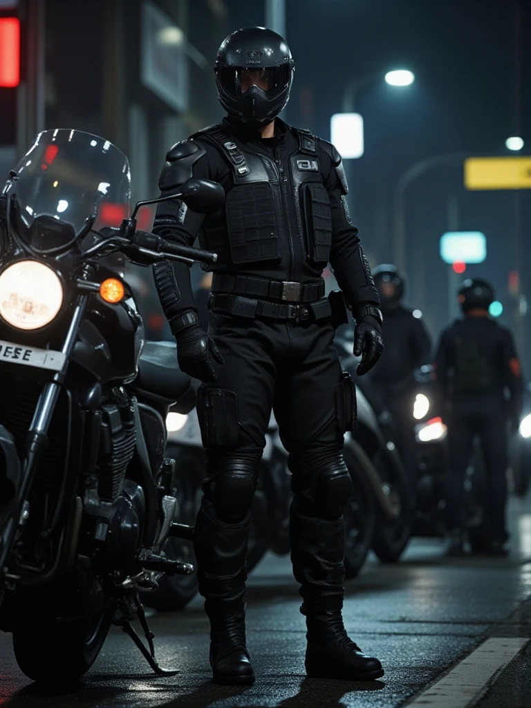 Full body image of an adult male in tactical gear, PTU style, Wearing a black leather full body suit, mask,  and tactical boots. The sleek leather outfit provides all-round protection, Giving off a dark and intense vibe. The scene is dimly lit,  cast dramatic shadows ，Enhancing a mysterious and powerful presence. He stands next to a heavy duty police motorcycle,  Ready to Act . The image emphasizes his commanding stance and the tactical precision of his gear,Future city technology,A fusion of fashion, Futuristic aesthetics and ruggedness, Law enforcement vibe. cyberpunk city streets 

