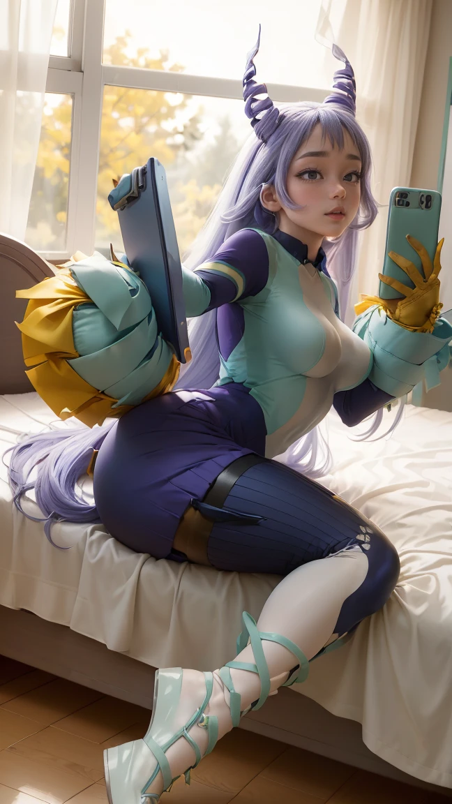 Nejire Hadou (( full body view )), long straight purple hair,  seductive look ((very giant breasts very giant buttocks very fat legs very wide hips )), (( She is in her room taking a selfie.)) (( dressed in a cheerleader cheerleader costume very sexy and sensual short polo shirt with a school print, wide long skirt with yellow or blue pleats and white sneakers with very long thigh-length tights )), posing in a very sexy and sensual way ,  very small Very nice room with a large window ,  Good lighting ,  4K resolution ))