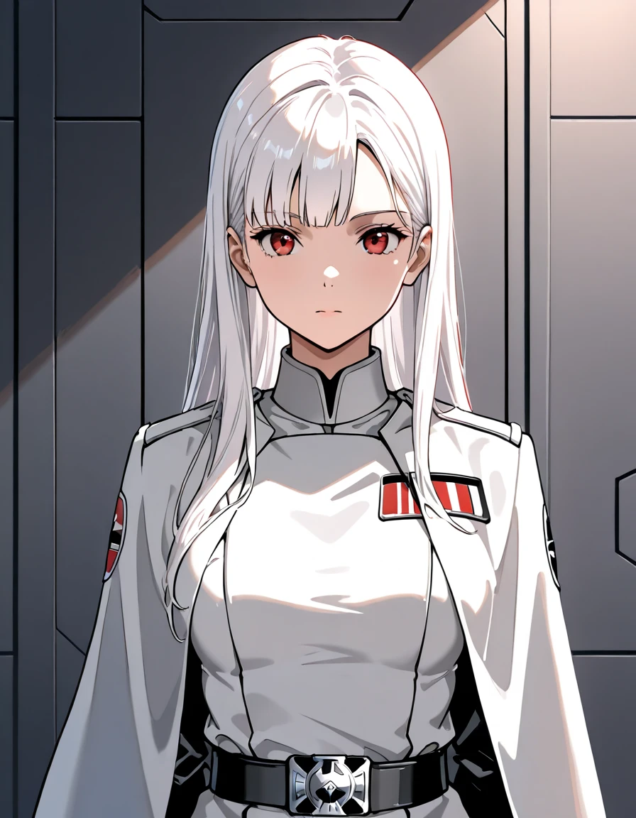 masterpiece,{{1girl}},white hair,red eyes,long hair,straight hair,Star Wars Galactic Empire White Military uniform,standing,standing pose,facing front,anime,upper body,face forcus,shoulder cloak,{{{lighting forward}}}