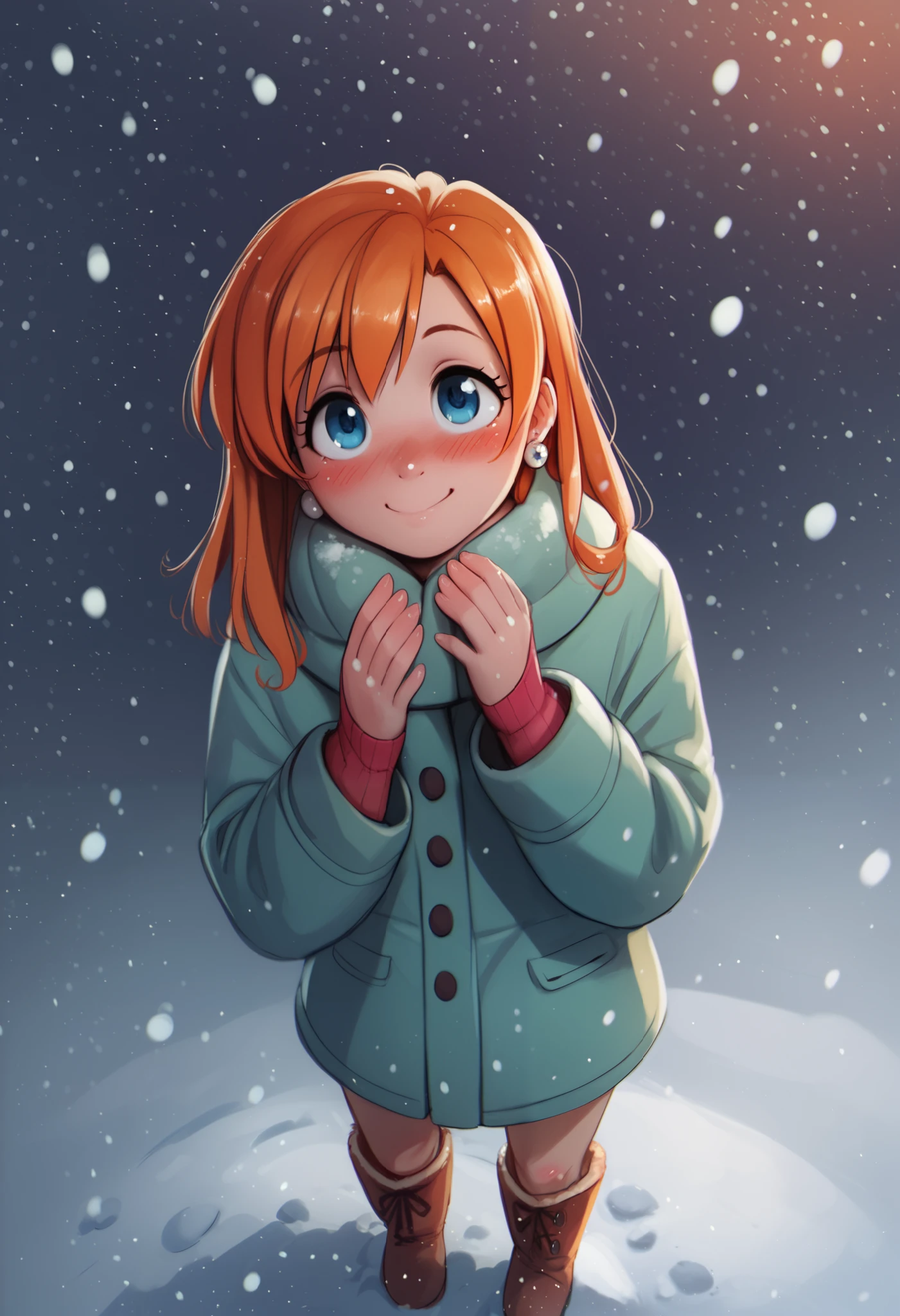 kousaka honoka , blue eyes, orange hair,earrings, (blushing:1.2), simple background,winter,standing, smile, snowing,snow on hand, night,score_9, score_8_up, score_7_up, score_6_up, looking up,boots,p4l0m4, webcomic,hentai