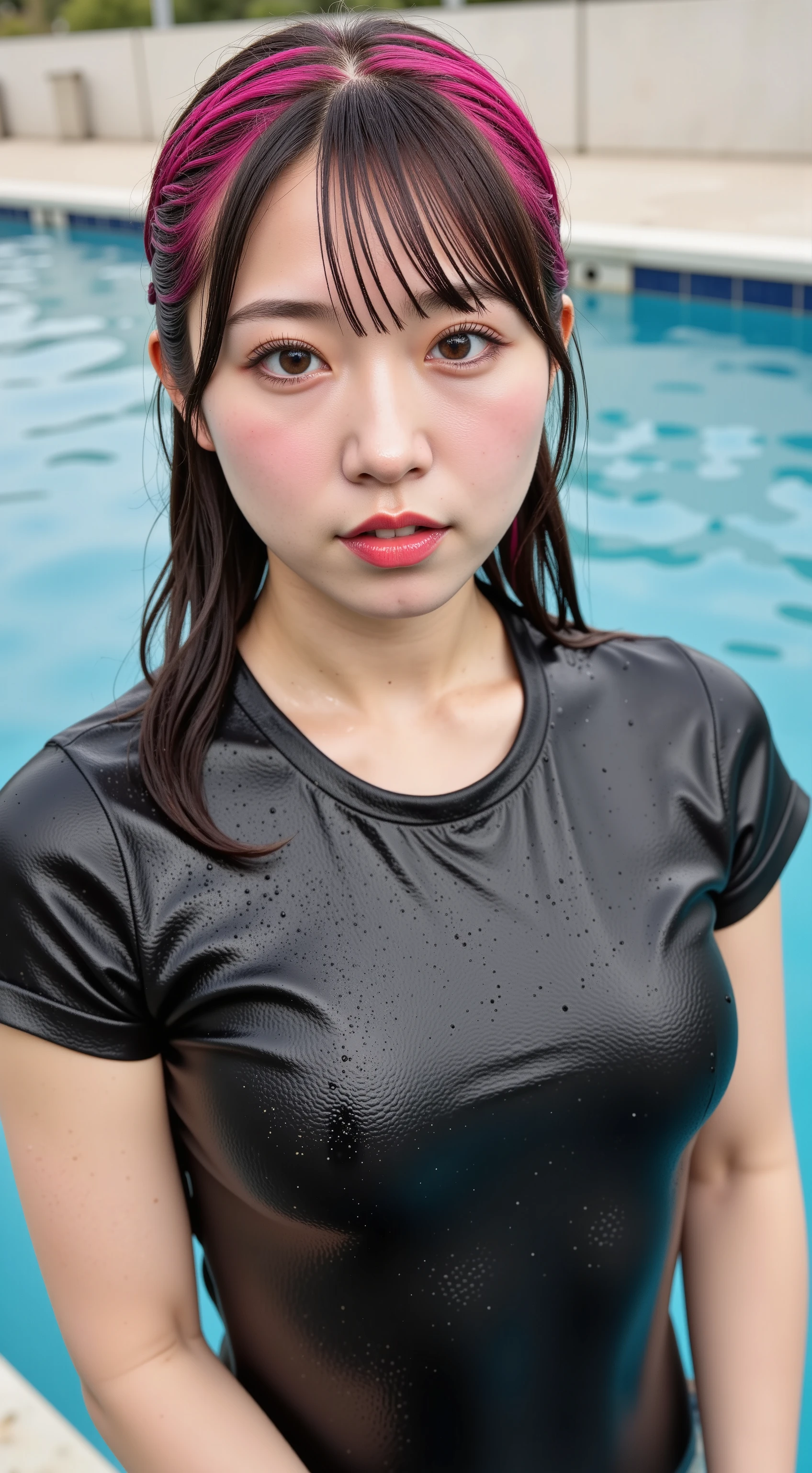  close-up of a woman in a wetsuit in a large pool，Wet swimsuit， Shiny Wet Skin !,Wet blouse，moist glowing skin ，  sweaty skin ， wet t-shirt，Wet Look， beautiful asian girl ， Translucent Body ， wet body， Closeup of a beautiful Asian girl whose hair is pink   , torn clothes， torn clothes，Sexy Naked， covered with drops of water .， Soaking， beautiful woman， covered in oil .， wet t-shirt,  full body shot