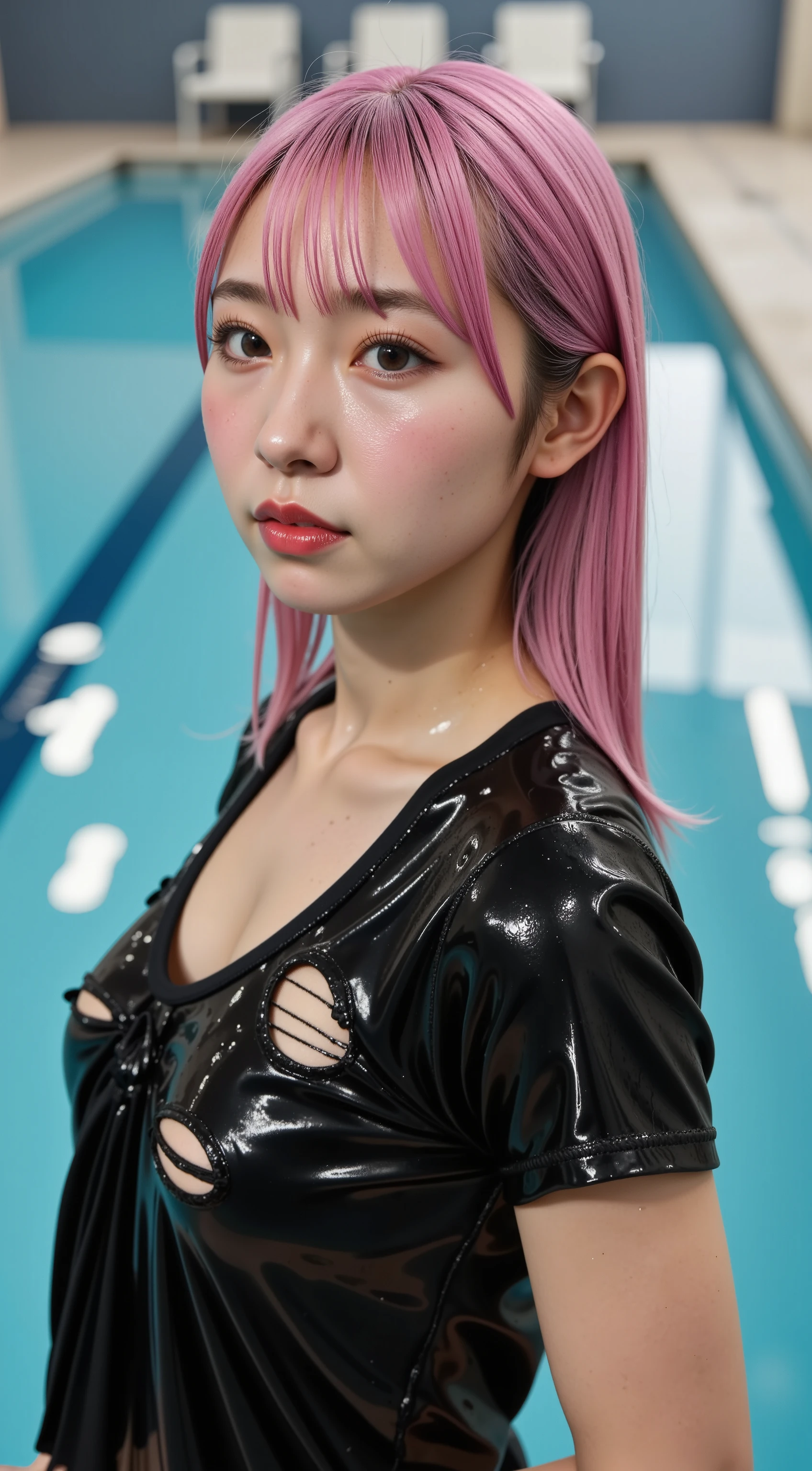  close-up of a woman in a wetsuit in a large pool，Wet swimsuit， Shiny Wet Skin !,Wet blouse，moist glowing skin ，  sweaty skin ， wet t-shirt，Wet Look， beautiful asian girl ， Translucent Body ， wet body， Closeup of a beautiful Asian girl whose hair is pink   , torn clothes， torn clothes，Sexy Naked， covered with drops of water .， Soaking， beautiful woman， covered in oil .， wet t-shirt,  full body shot