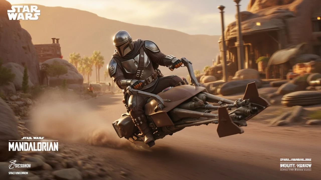 A picture of the Mandalorian riding a 74-Z speeder bike in a small village, Star Wars,Lucasfilm,sunset, dramatic camera angle , motion blur,