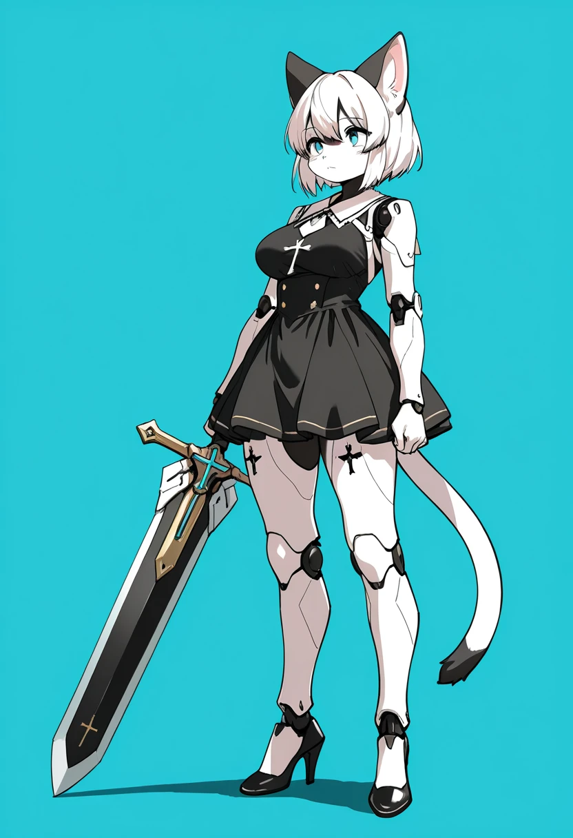 1girl, (furry, kemono:1.5), cat girl, animal nose, catears, cat tail, robot joints, white hair, breasts, short hair, high heels, dress, standing, sword, huge weapon, robot, android, science fiction, solo, holding, full body, simple background, aqua background, blue background, weapon, holding weapon, joints, holding sword, cross, humanoid robot
, masterpiece, best quality, very aesthetic, absurdres,