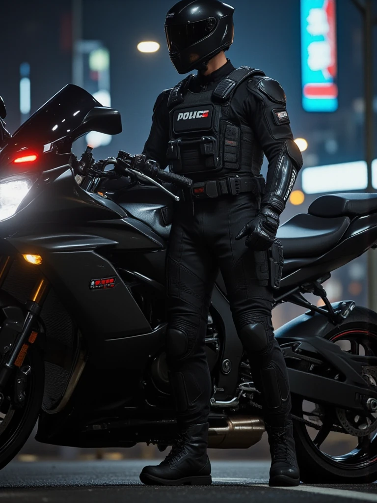 Full body image of an adult male in tactical gear, PTU style, Wearing a black leather full body suit, mask,  and tactical boots. The sleek leather outfit provides all-round protection, Giving off a dark and intense vibe. The scene is dimly lit,  cast dramatic shadows ，Enhancing a mysterious and powerful presence. He stands next to a heavy duty police motorcycle,  Ready to Act . The image emphasizes his commanding stance and the tactical precision of his gear,Future city technology,A fusion of fashion, Futuristic aesthetics and ruggedness, Law enforcement vibe. cyberpunk city streets 

