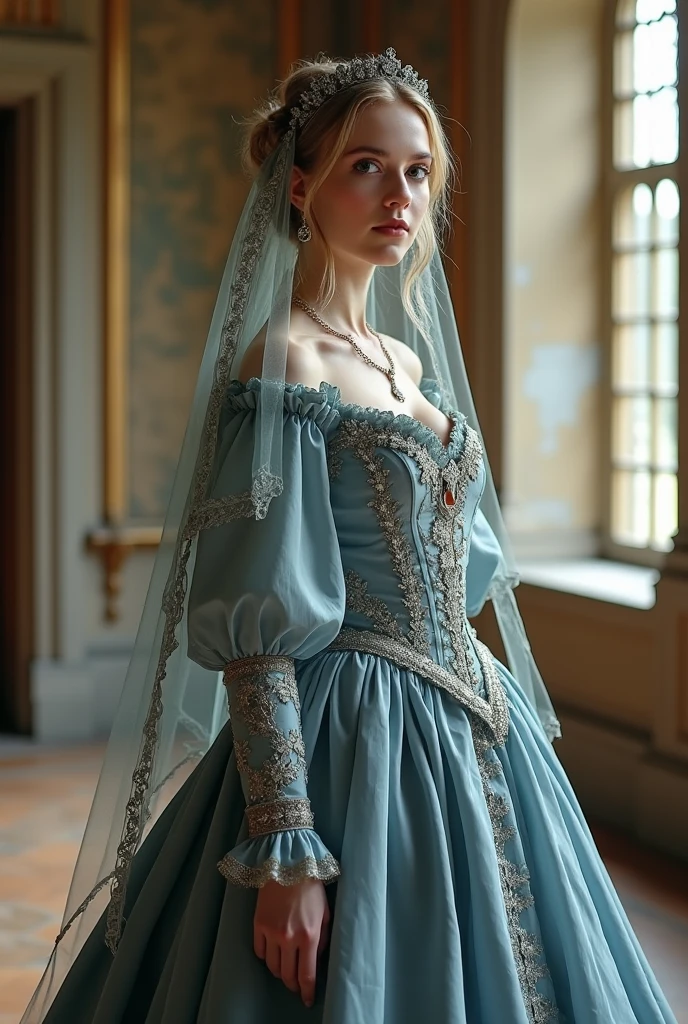 Whole body photo of a woman, In the mid-16th century, the neckline disappeared and raised collars appeared. Shoes and fluffy skirts are in fashion; real fashionistas and fashionistas began to use perfume. Later, France begins to dictate fashion again. Laws of beauty appear, and the whole world follows the example of French women. The first editions of style and fashion appear. In the 18th and 19th centuries,fashion included: front sights, wigs, women's corsets, and the Rococo style.full body photography, big breasts, very long eyelashes, long diamond earrings, big diamond collar, ruffled dress, puffy sleves,satin dress,silk dress,4k, 8k,high resolution,detailed photo, silk dress,satin dress