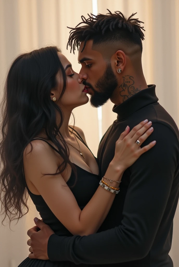 Amazing portrait of a man wearing pink long sleeved sweater and jeans kissing a sexy woman wearing a black tank top and leopard print shrug and black baggy pants in the mall