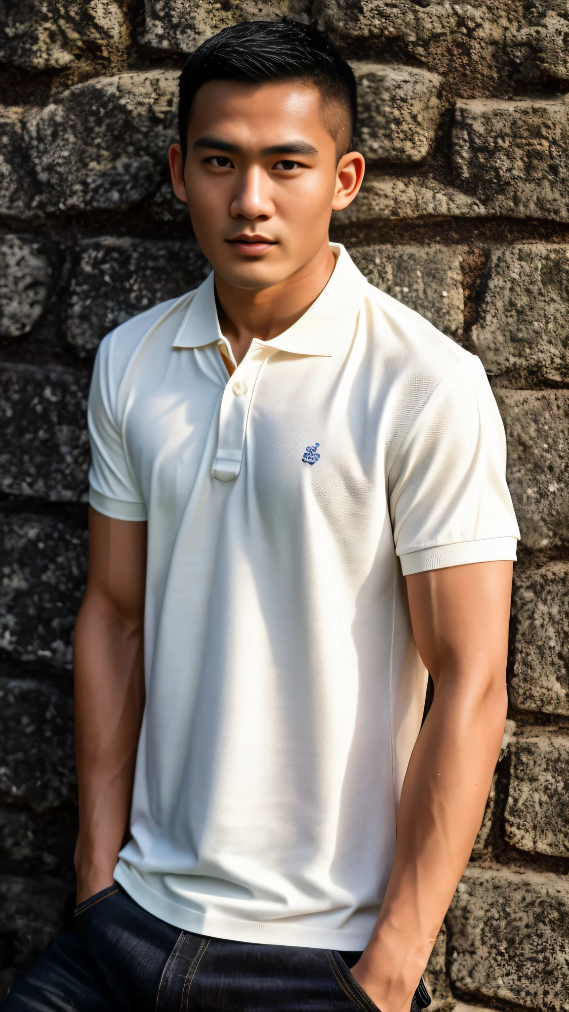 Thai man ,man,He is about 30 years old..,Rough and handsome appearance,large breastsj,Big waistline,buzz cut, angry, sullen, best quality, Masterpiece,(Have muscles:4.5),(best quality,high resolution,Masterpiece:1.2),The eyes are natural and delicate..,1 person,alone,gay asian,muscle,Long legs,brave,short hair details,conjunctivitis ,strong,brown eyes, (outdoor background road :1.5),In the swimming pool,sitting on the side of the road, (White Polo Shirt:1.3),Jeans