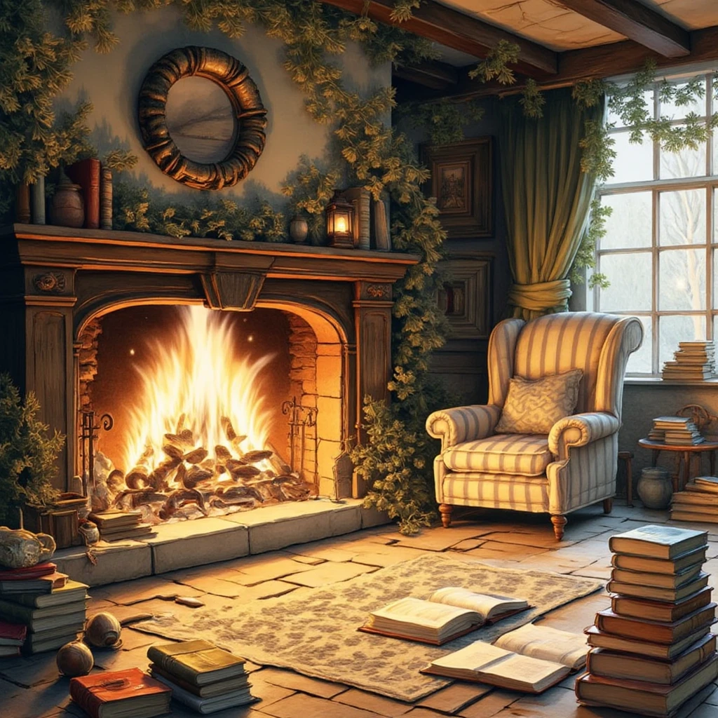 Christmas indoor fireplace，Plenty of indoor sunlight during the day，There is no one indoors，There are classical books on the floor
