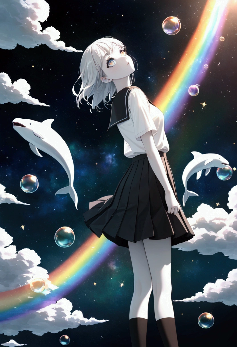 (woman\(student, 20 years old, ＪＫ, Her short silver hair sways, Space-colored eyes, Black school uniform,  blue-white skin)  looking up at the sky), ( large glass-colored whale is swimming through the air), Beautiful sky,  Beautiful Clouds ,  colorful summer flowers blooming ., ( transparent bubbles shining like a rainbow here and there), There is a noon moon in the sky and a daytime star , It's a crowded downtown , break ,quality\(8k,非常に精細なCGユニットの wallpaper, masterpiece, high res,top-quality,top-quality real texture skin, surreal, increase resolution , RAW photo,最高quality, very detailed, wallpaper,Cinema Lighting,[ ray tracing ,Golden Ratio\),(Long Hit), wide shot,womanのまわりには美しく光輝く七色の蝶が舞っている