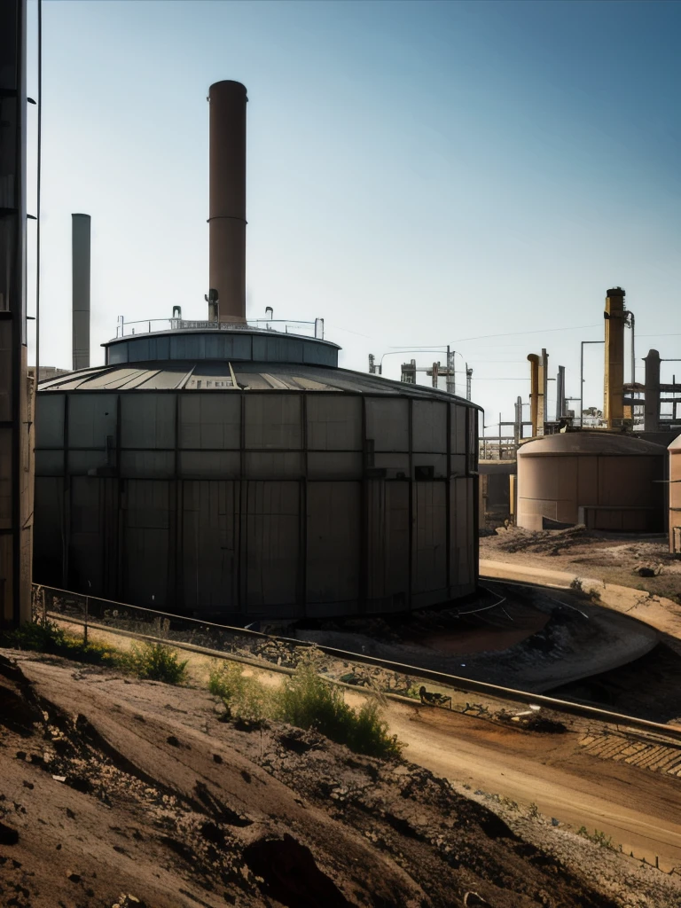 there are many large tanks that are sitting in the dirt, a detailed matte painting by Wu Zhen, deviantart, digital art, abandoned steelworks, industrial scifi, industrial sci fi, industrial sci-fi, industrial sci - fi, post apocalyptic factory, industrial aesthetic, industrial complex, dystopian landscape, # dystopian art, chemical plant, industrial setting, industrial, rusty metal towers