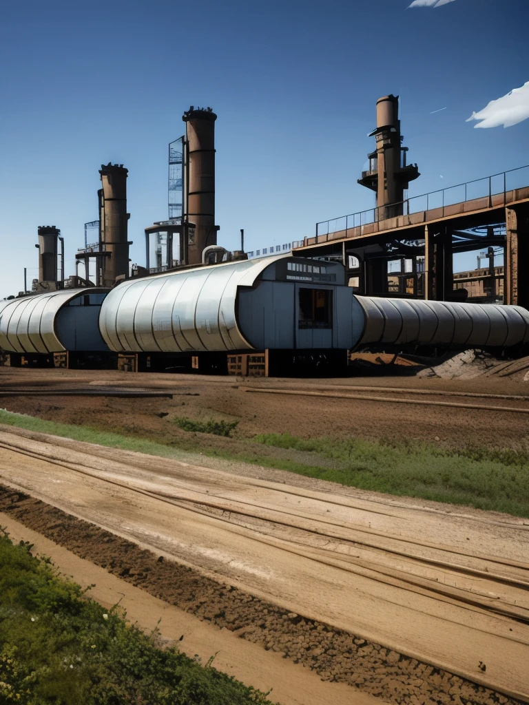 there are many large tanks that are sitting in the dirt, a detailed matte painting by Wu Zhen, deviantart, digital art, abandoned steelworks, industrial scifi, industrial sci fi, industrial sci-fi, industrial sci - fi, post apocalyptic factory, industrial aesthetic, industrial complex, dystopian landscape, # dystopian art, chemical plant, industrial setting, industrial, rusty metal towers