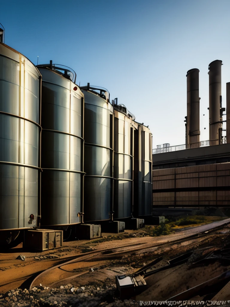 there are many large tanks that are sitting in the dirt, a detailed matte painting by Wu Zhen, deviantart, digital art, abandoned steelworks, industrial scifi, industrial sci fi, industrial sci-fi, industrial sci - fi, post apocalyptic factory, industrial aesthetic, industrial complex, dystopian landscape, # dystopian art, chemical plant, industrial setting, industrial, rusty metal towers