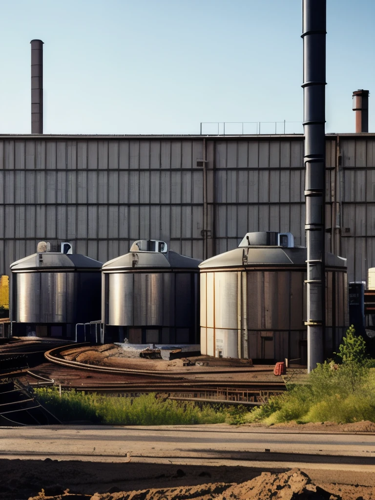 there are many large tanks that are sitting in the dirt, a detailed matte painting by Wu Zhen, deviantart, digital art, abandoned steelworks, industrial scifi, industrial sci fi, industrial sci-fi, industrial sci - fi, post apocalyptic factory, industrial aesthetic, industrial complex, dystopian landscape, # dystopian art, chemical plant, industrial setting, industrial, rusty metal towers