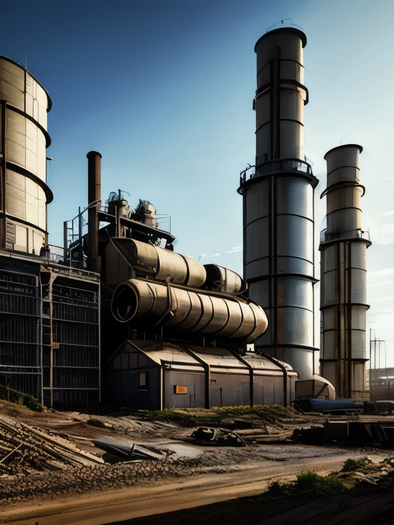 there are many large tanks that are sitting in the dirt, a detailed matte painting by Wu Zhen, deviantart, digital art, abandoned steelworks, industrial scifi, industrial sci fi, industrial sci-fi, industrial sci - fi, post apocalyptic factory, industrial aesthetic, industrial complex, dystopian landscape, # dystopian art, chemical plant, industrial setting, industrial, rusty metal towers