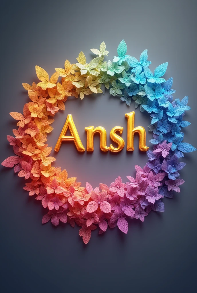 Create a vibrant and visually captivating digital art piece featuring the name "Ansh" in elegant, gold text. Surround the text with a swirling array of colorful butterflies, forming a semi-circle that transitions through a spectrum of colors from one side to the other. The background should be a grey gradient that complements the colorful butterflies and metallic text, enhancing the overall luminous and magical feel.