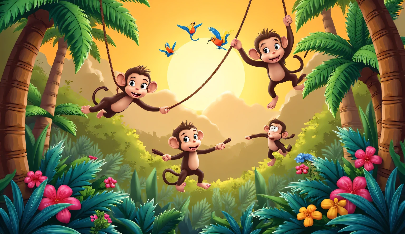 A lively jungle scene with cartoon monkeys swinging on vines, colorful tropical trees, and birds flying in the background.