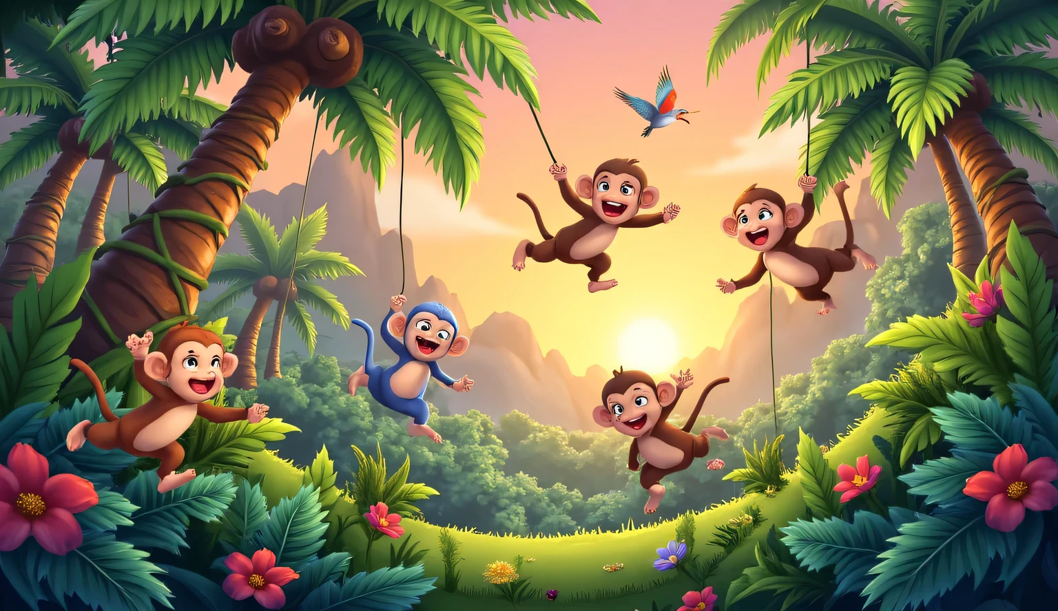 A lively jungle scene with cartoon monkeys swinging on vines, colorful tropical trees, and birds flying in the background.