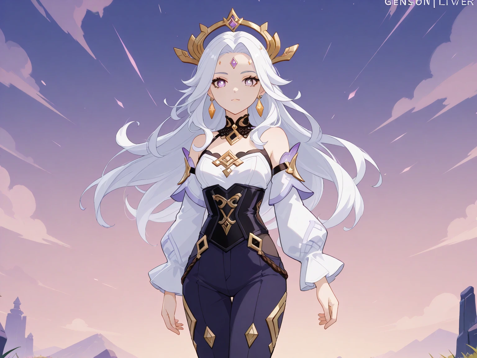  Girl with long hair, white hair, anime aesthetic, anime vibes, Anime, noble girl, anime art wallpaper 4 k, anime art wallpaper 4k, anime art wallpaper 8 k, anime background art,anime asthetic, masterpiece , top quality,  elven woman, ((light purple eyes)).  solo, teenager, young woman.violet eyes.white hair.white long hair.forehead.middle forehead.hairstyle.makeup.earrings.corset. trousers. genshin impact. mihoyo. wuthering weves. pointed ears.((genshin impact style)), ligh blue, ((full body)) (hot body)
