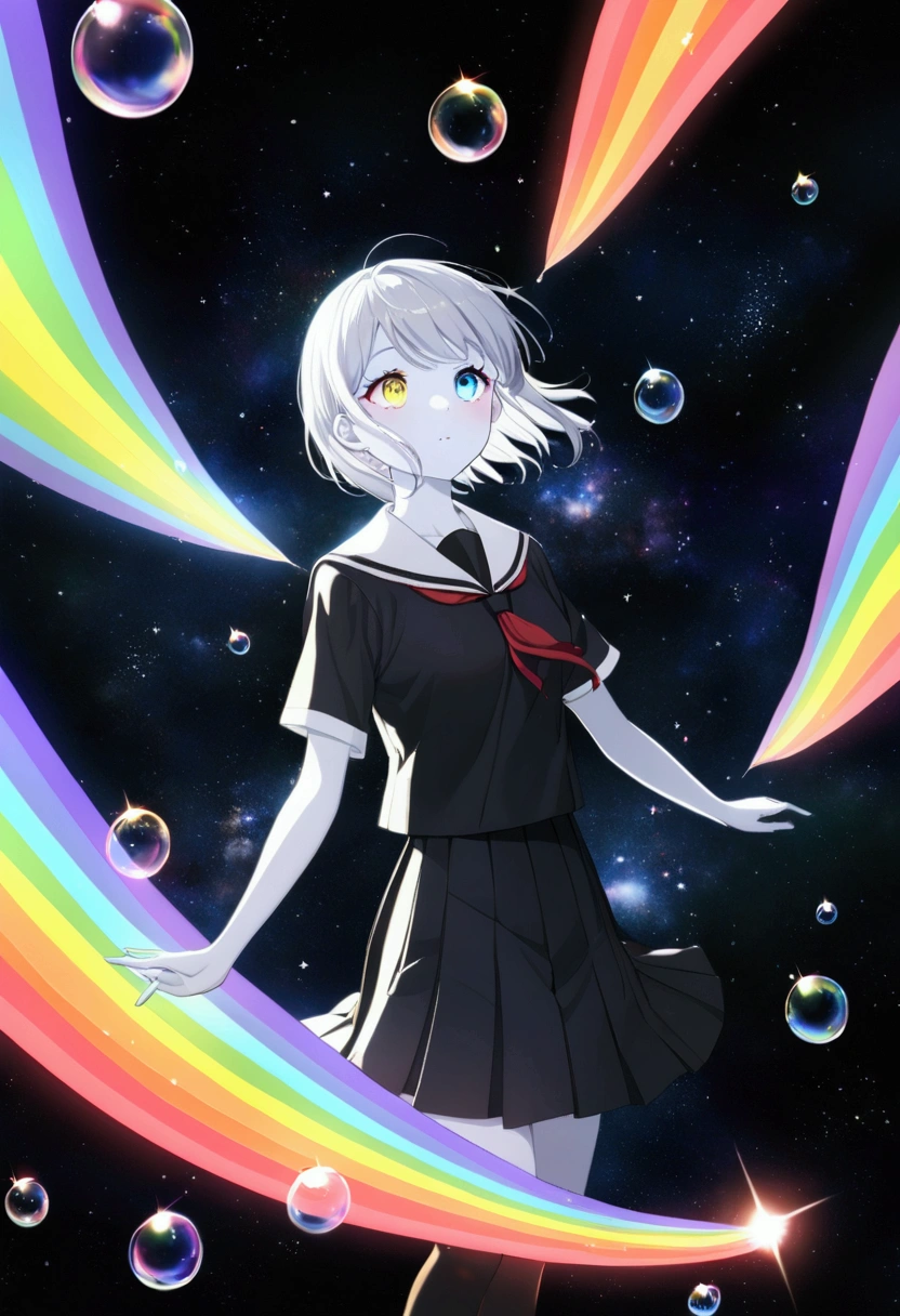 (woman\(student, 20 years old, ＪＫ, Her short silver hair sways, Space-colored eyes, Black school uniform,  blue-white skin)  looking up at the sky), ( large glass-colored whale is swimming through the air), Beautiful sky,  Beautiful Clouds ,  colorful summer flowers blooming ., ( transparent bubbles shining like a rainbow here and there), There is a noon moon in the sky and a daytime star , It's a crowded downtown , break ,quality\(8k,非常に精細なCGユニットの wallpaper, masterpiece, high res,top-quality,top-quality real texture skin, surreal, increase resolution , RAW photo,最高quality, very detailed, wallpaper,Cinema Lighting,[ ray tracing ,Golden Ratio\),(Long Hit), wide shot,womanのまわりには美しく光輝く七色の蝶が舞っている