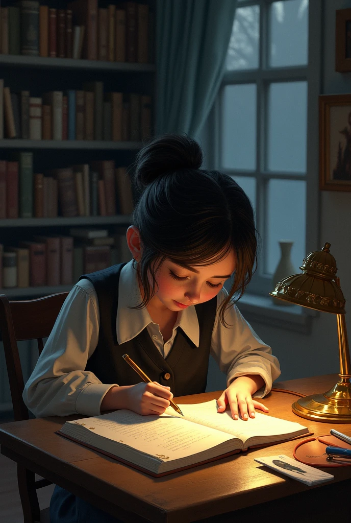 "Create an image of a young girl sitting at a computer desk, engrossed in her work, with a look of curiosity and determination on her face. In the background, through a rain-streaked window, depict a night cityscape with glistening city lights and the gentle patter of raindrops on the glass. The contrast between the focused girl and the serene, rainy city outside should evoke a sense of cozy productivity and contemplation."