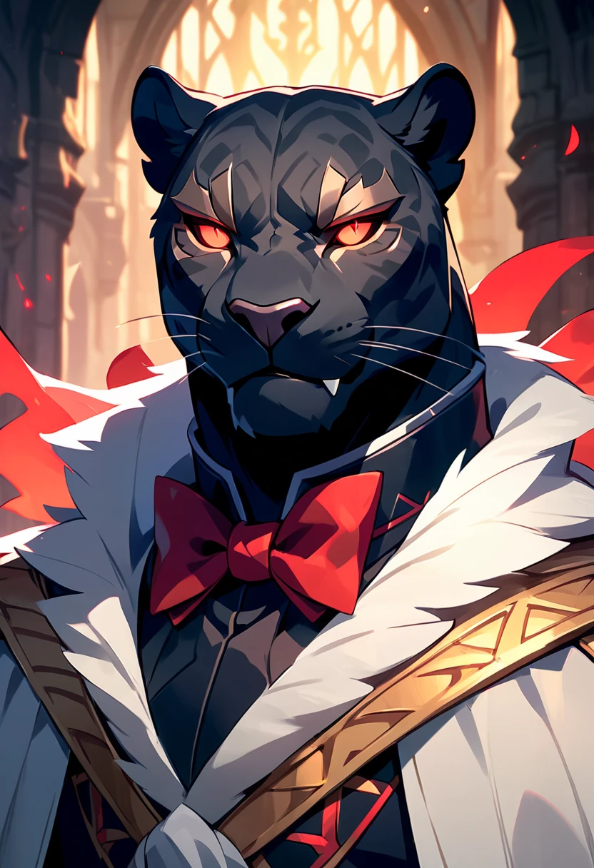 handsome anthropomorphic black panther with red glowing eyes wearing a black suit with a bowtie, elegant, medieval fantasy vibes, light novel art, black pelt, detailed furry art, cool, sexy, masculine, black colored elegant suit, evil smirk, arrogant, evil, demon lord, superiority complex, evil smile, half-lidded gaze, lean and toned, portrait, sexy masculinity, young male panther. villain, detailed anime style, detailed red glowing devil eyes, confident pose, cocky, looking down on others expression, smirking, powerful demon lord panther, fangs 